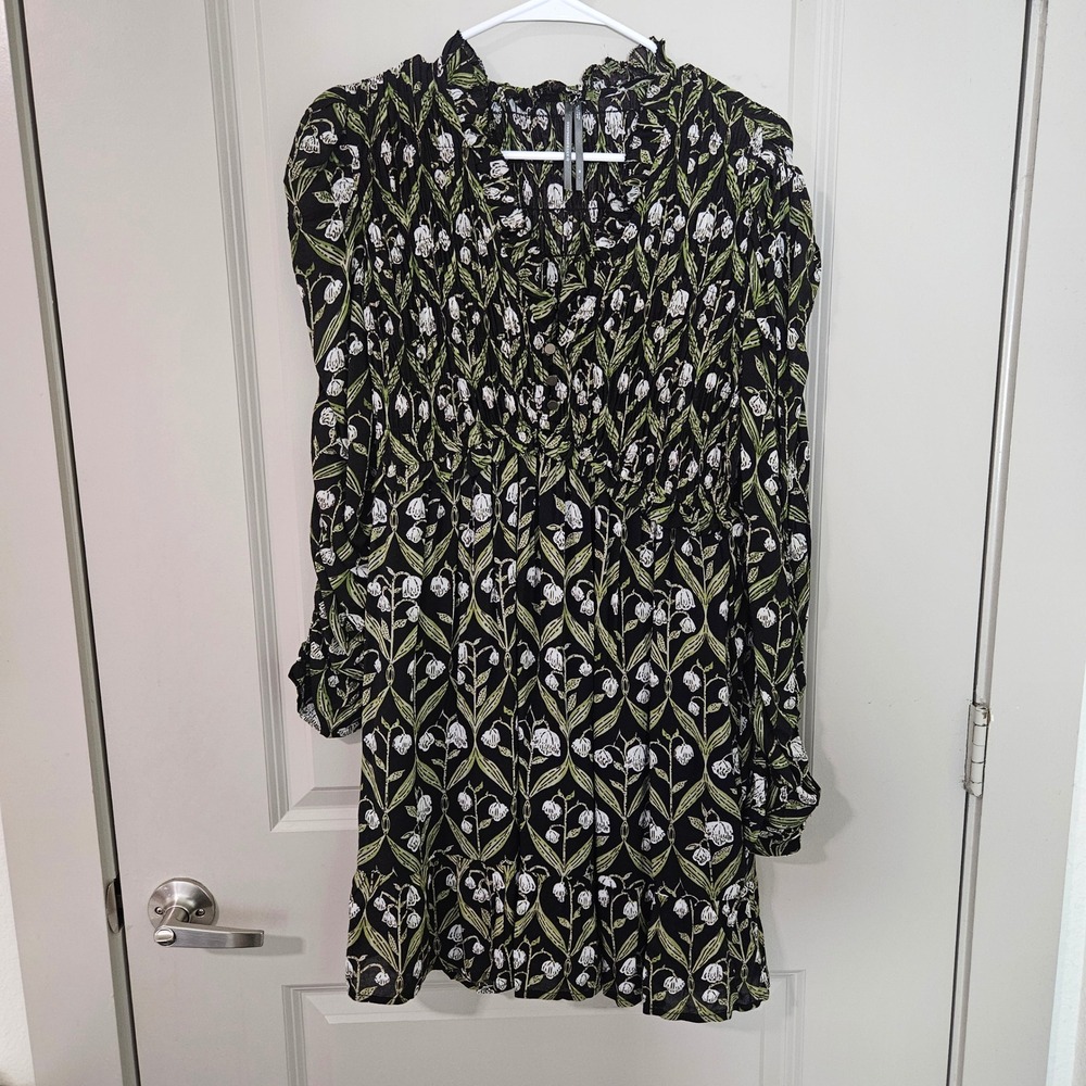 Anthropologie Black Floral Smocked Mini Dress Long Sleeve Ruffle Neck Medium